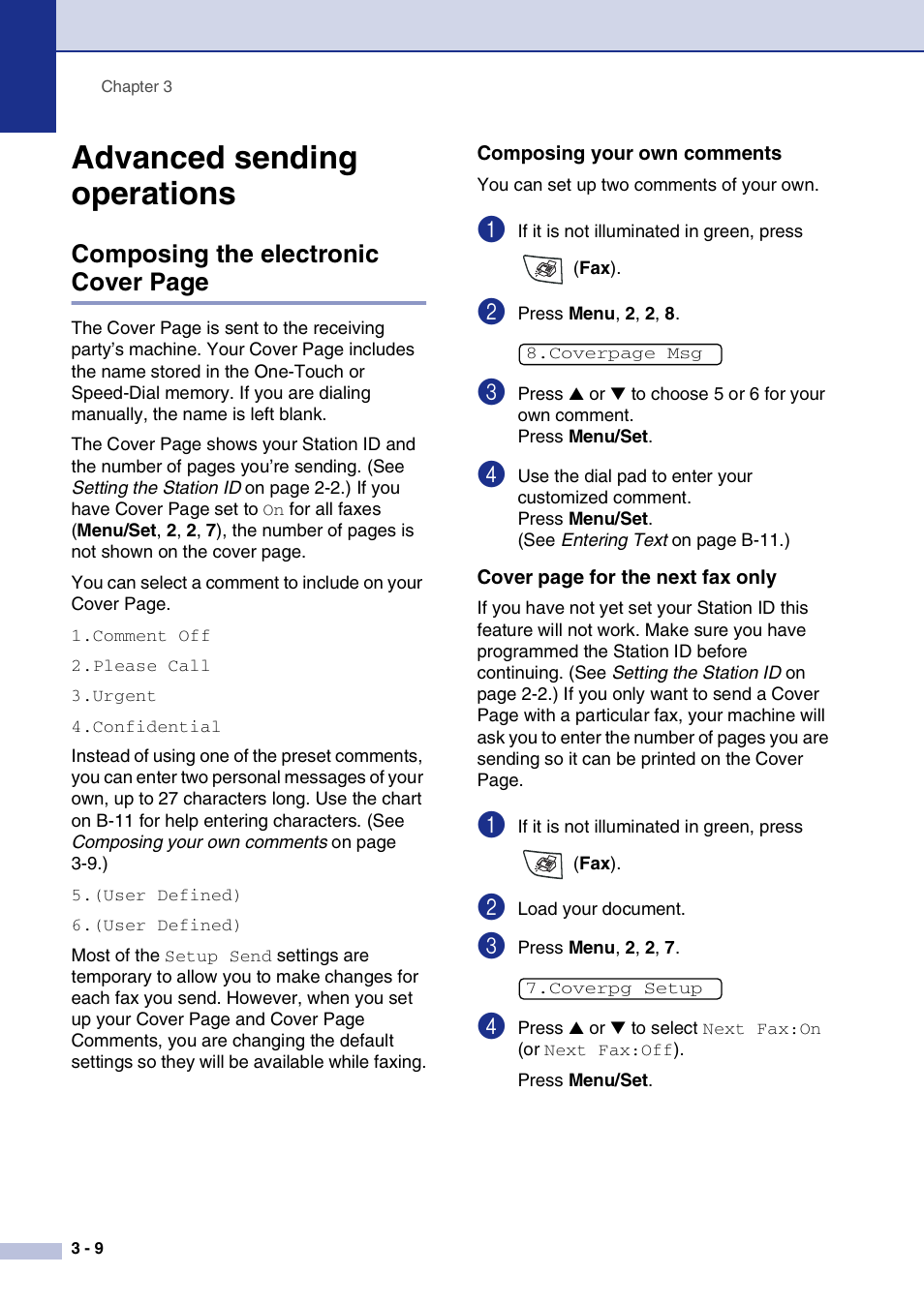 Advanced sending operations, Composing your own comments, Advanced sending operations -9 | Composing the electronic cover page | Brother IntelliFax-2820 User Manual | Page 53 / 159