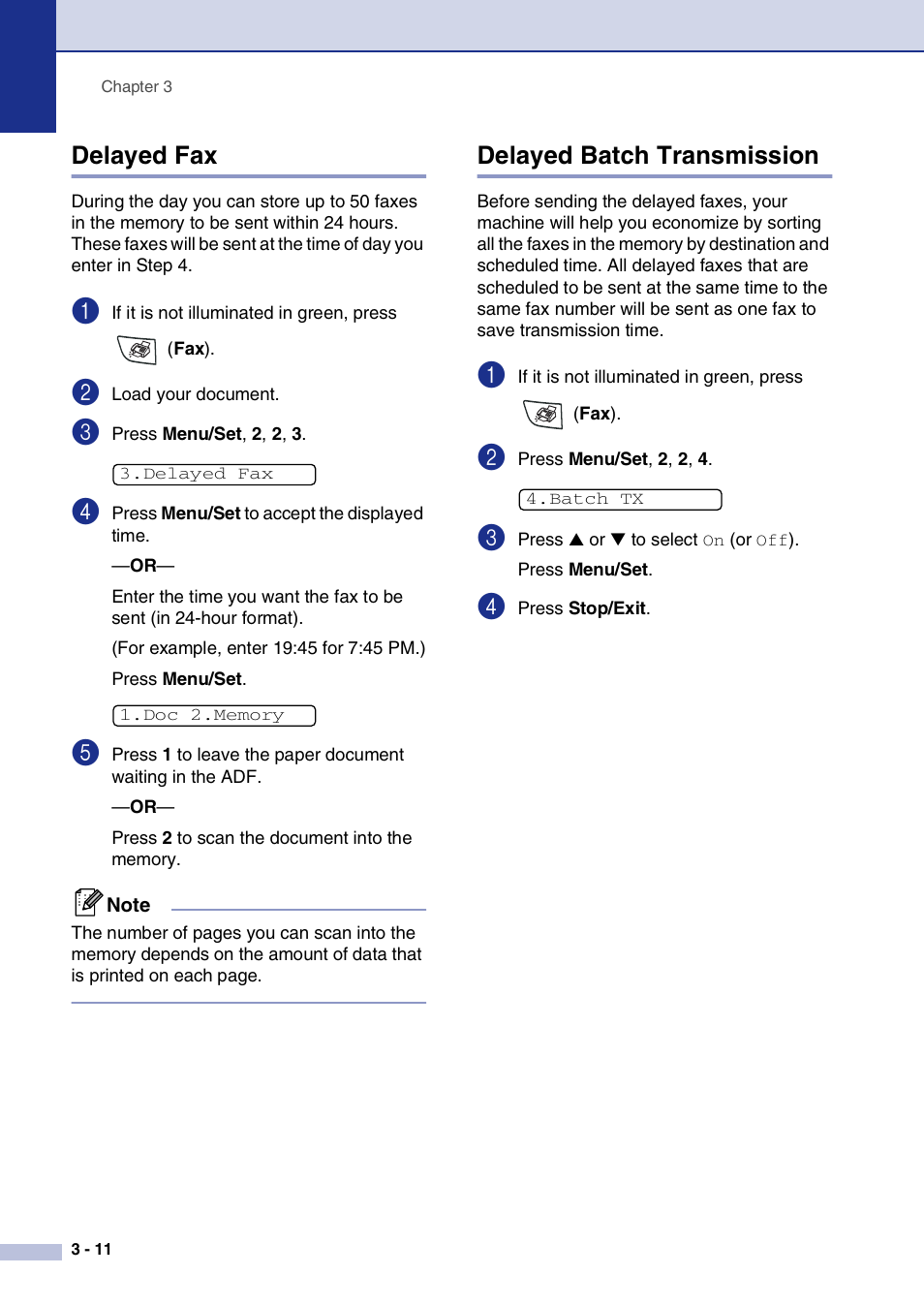 Delayed fax, Delayed batch transmission, Delayed fax -11 delayed batch transmission -11 | Brother IntelliFax-2820 User Manual | Page 55 / 159