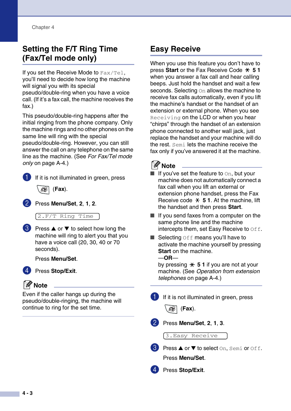 Setting the f/t ring time (fax/tel mode only), Easy receive | Brother IntelliFax-2820 User Manual | Page 59 / 159