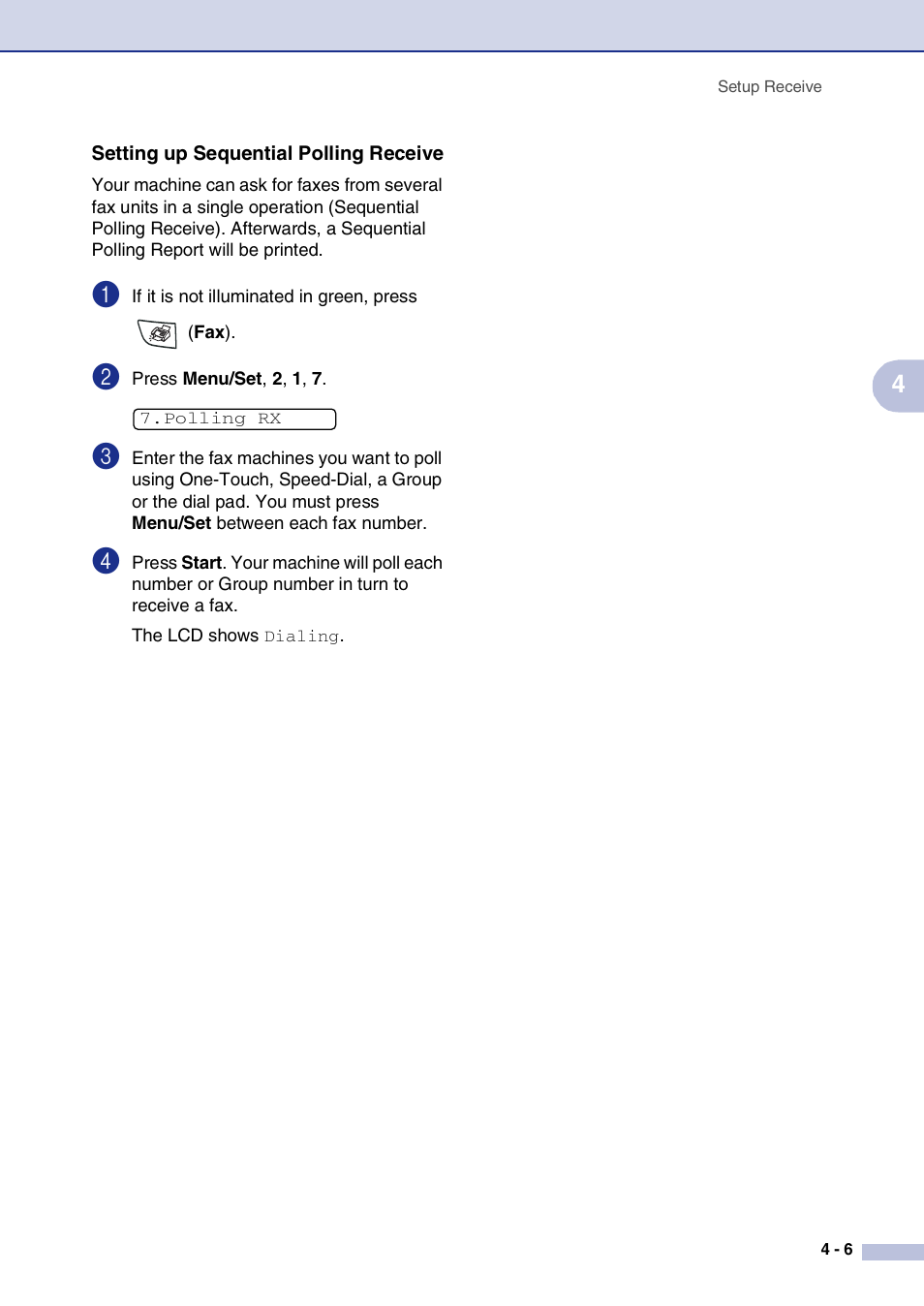 Setting up sequential polling receive, Setting up sequential polling receive -6 | Brother IntelliFax-2820 User Manual | Page 62 / 159