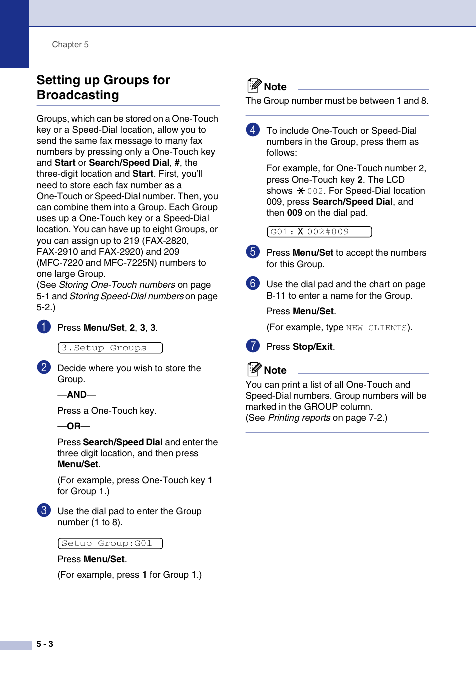 Setting up groups for broadcasting, Setting up groups for broadcasting -3 | Brother IntelliFax-2820 User Manual | Page 65 / 159