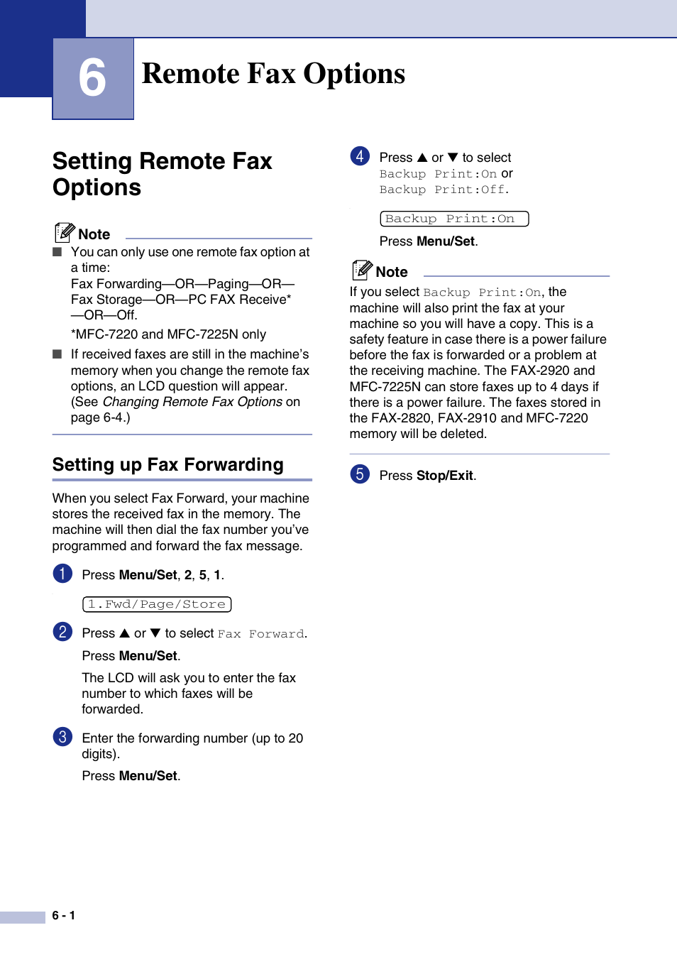 6 remote fax options, Setting remote fax options, Setting up fax forwarding | Remote fax options, Setting remote fax options -1, Setting up fax forwarding -1 | Brother IntelliFax-2820 User Manual | Page 67 / 159