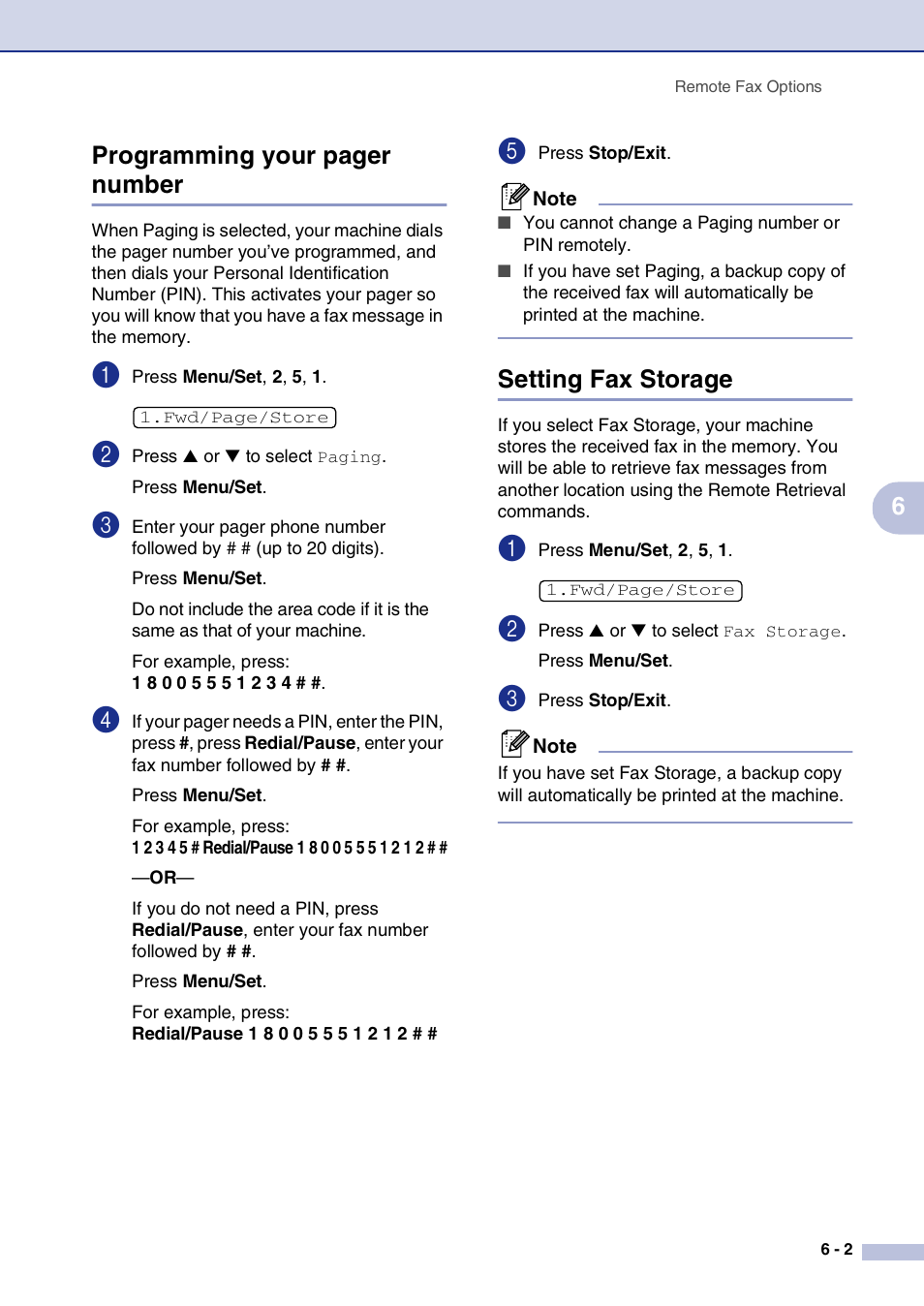 Setting fax storage, 6programming your pager number | Brother IntelliFax-2820 User Manual | Page 68 / 159