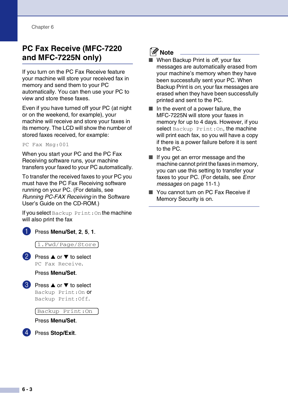 Pc fax receive (mfc-7220 and mfc-7225n only), Pc fax receive (mfc-7220 and mfc-7225n only) -3 | Brother IntelliFax-2820 User Manual | Page 69 / 159