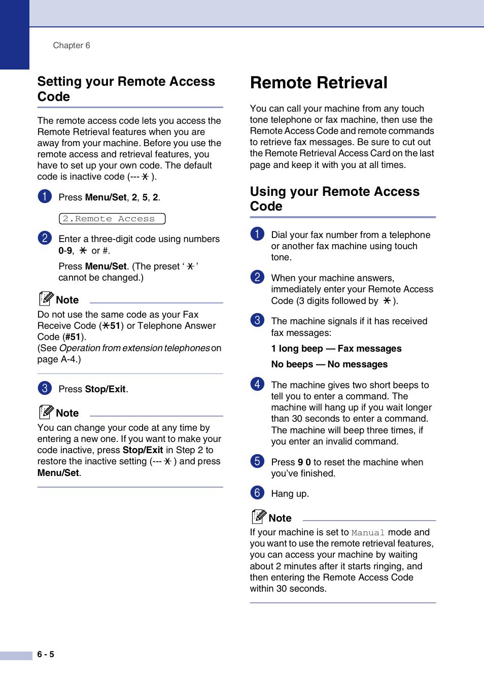 Setting your remote access code, Remote retrieval, Using your remote access code | Setting your remote access code -5, Remote retrieval -5, Using your remote access code -5 | Brother IntelliFax-2820 User Manual | Page 71 / 159