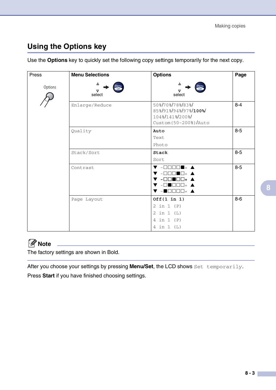 Using the options key, Using the options key -3, 8using the options key | Brother IntelliFax-2820 User Manual | Page 78 / 159