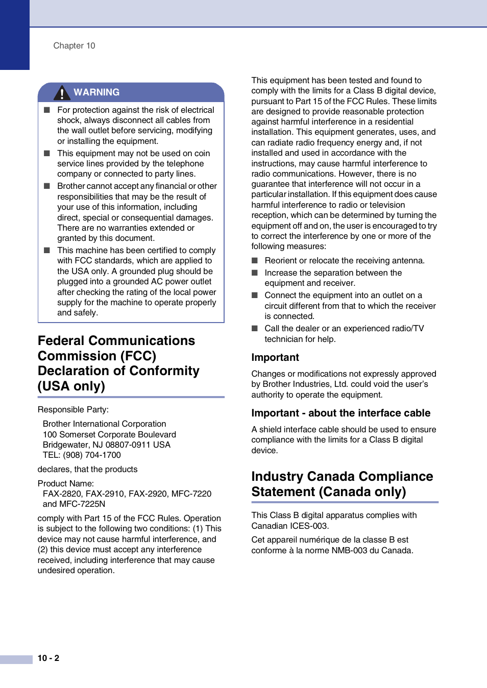 Important, Important - about the interface cable, Industry canada compliance statement (canada only) | Brother IntelliFax-2820 User Manual | Page 85 / 159