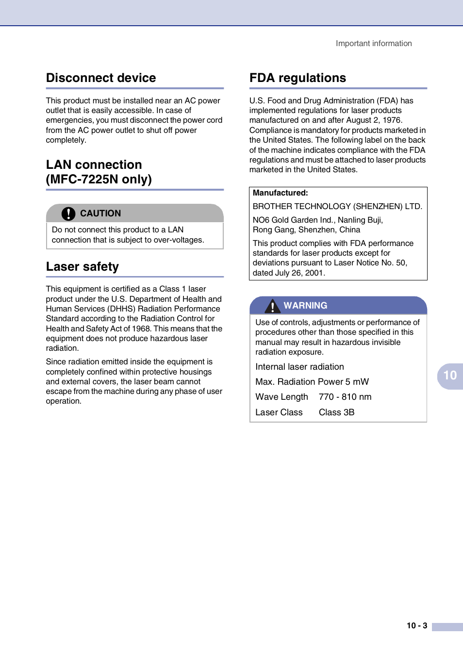 Disconnect device, Lan connection (mfc-7225n only), Laser safety | Fda regulations, 10 disconnect device, Lan connection (mfc-7225n only) laser safety | Brother IntelliFax-2820 User Manual | Page 86 / 159