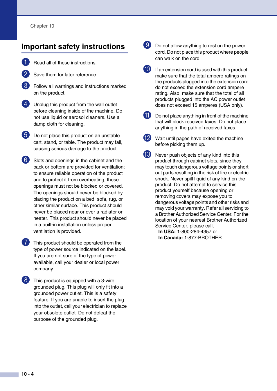 Important safety instructions, Important safety instructions -4 | Brother IntelliFax-2820 User Manual | Page 87 / 159