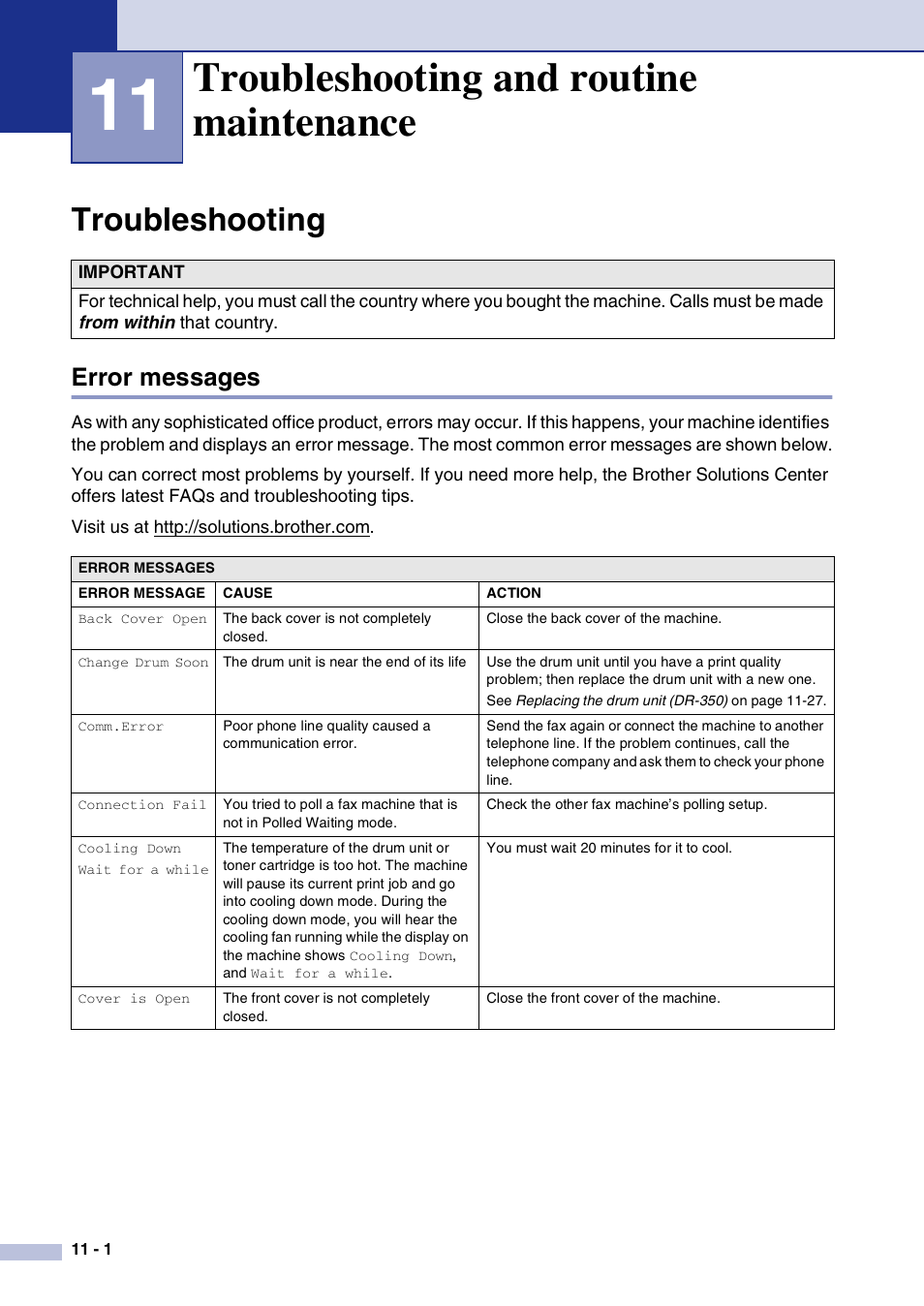 11 troubleshooting and routine maintenance, Troubleshooting, Error messages | Troubleshooting and routine maintenance, Troubleshooting -1, Error messages -1 | Brother IntelliFax-2820 User Manual | Page 89 / 159