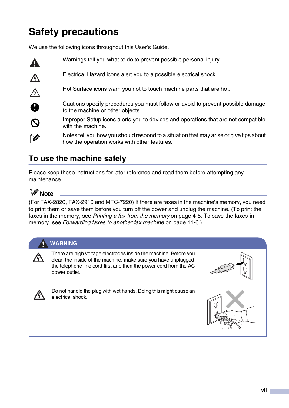 Safety precautions, To use the machine safely | Brother IntelliFax-2820 User Manual | Page 9 / 159