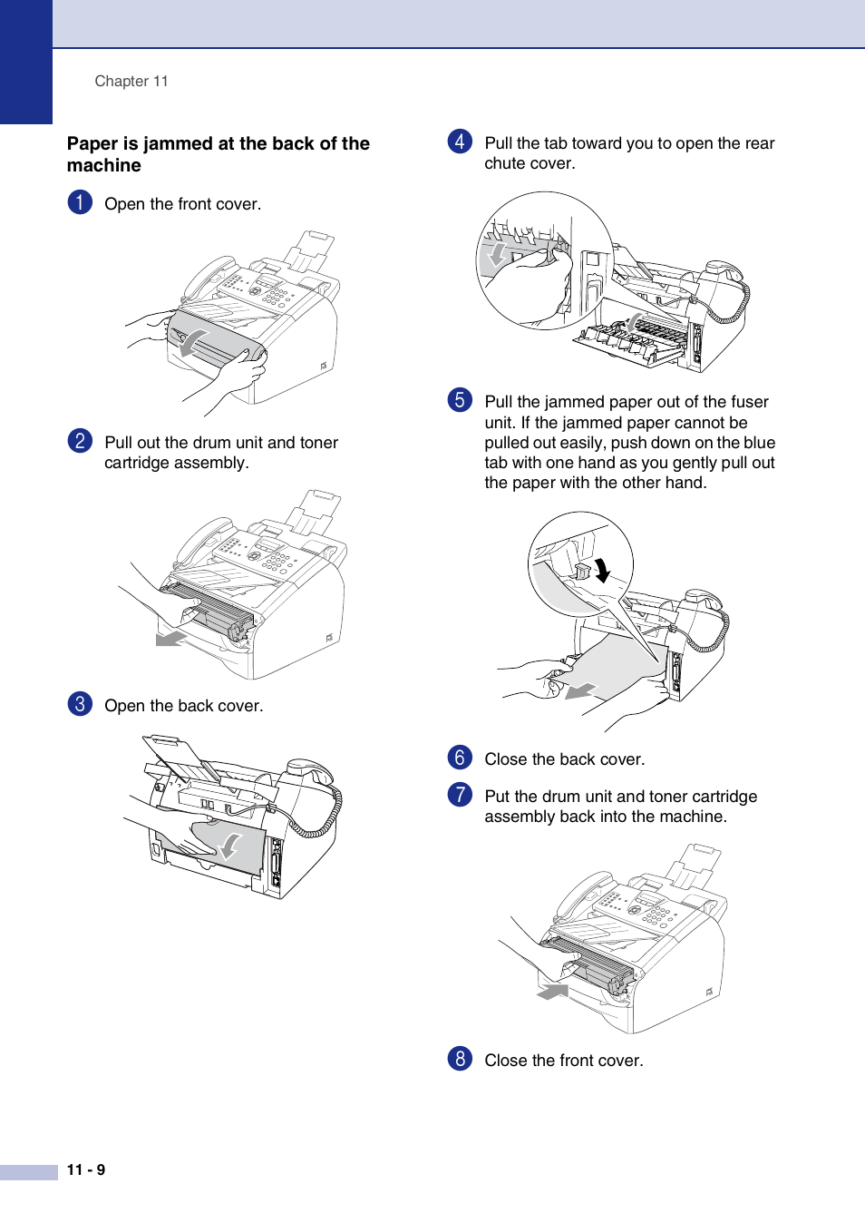 Paper is jammed at the back of the machine, Paper is jammed at the back of the machine -9 | Brother IntelliFax-2820 User Manual | Page 97 / 159