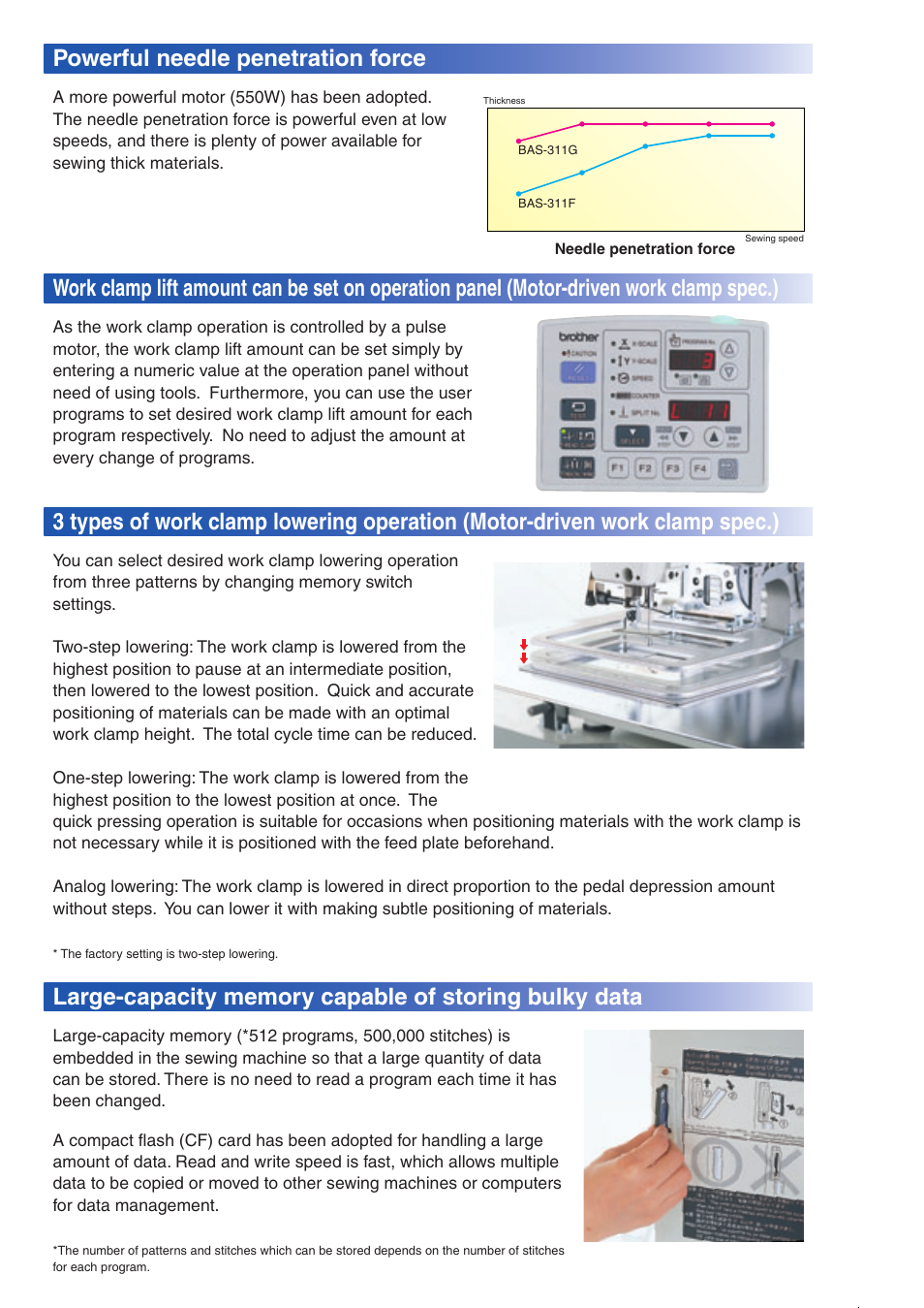 Powerful needle penetration force | Brother Direct Drive Programmable electonic pattern sewer with cylinder bed BAS-311G User Manual | Page 3 / 6