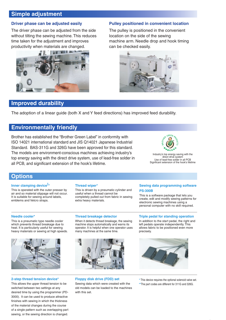 Simple adjustment improved durability, Environmentally friendly, Options | Brother Direct Drive Programmable electonic pattern sewer with cylinder bed BAS-311G User Manual | Page 5 / 6