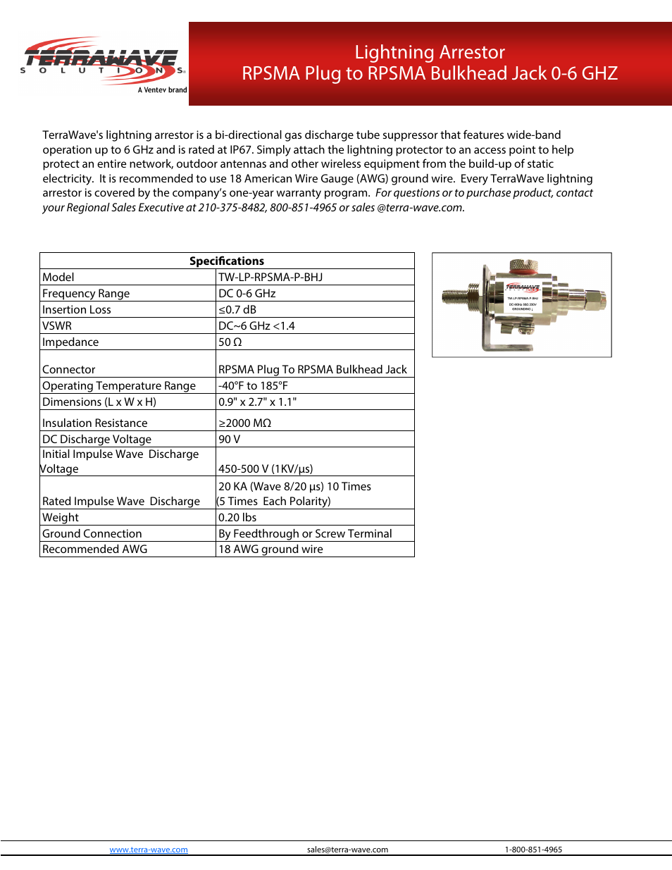 TerraWave TW-LP-RPSMA-P-BHJ User Manual | 1 page