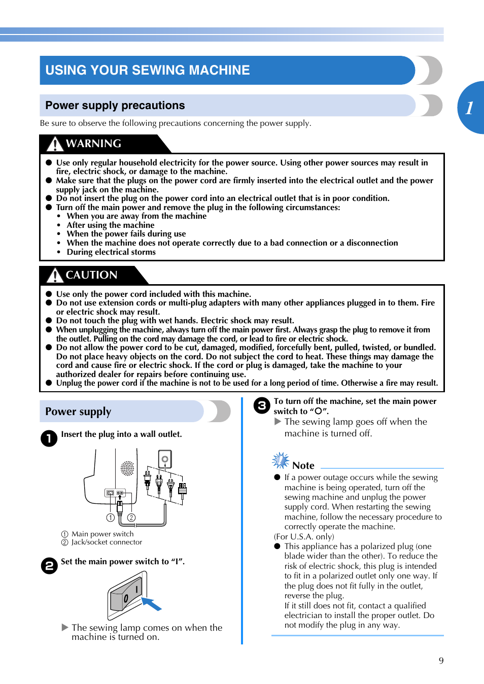 Using your sewing machine, Power supply precautions, Power supply | Warning caution | Brother EN 1470 User Manual | Page 11 / 72