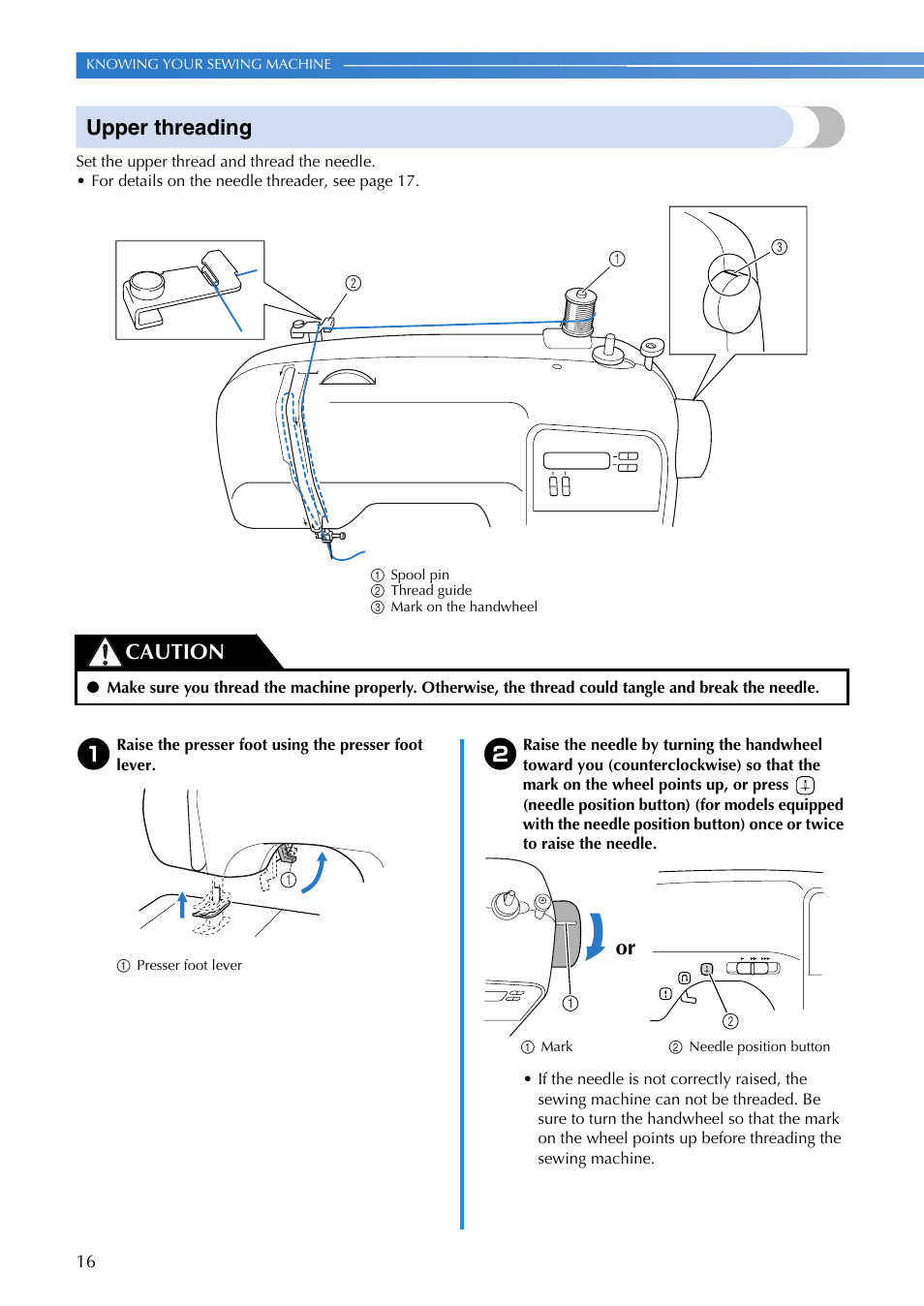 Upper threading, Caution | Brother EN 1470 User Manual | Page 18 / 72