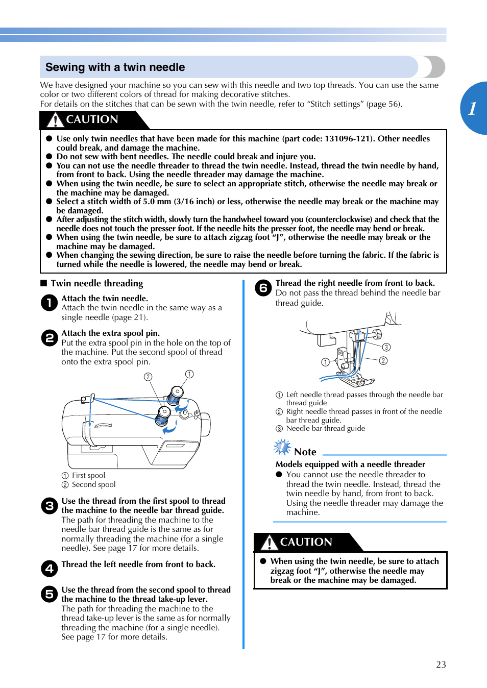 Sewing with a twin needle, Caution | Brother EN 1470 User Manual | Page 25 / 72