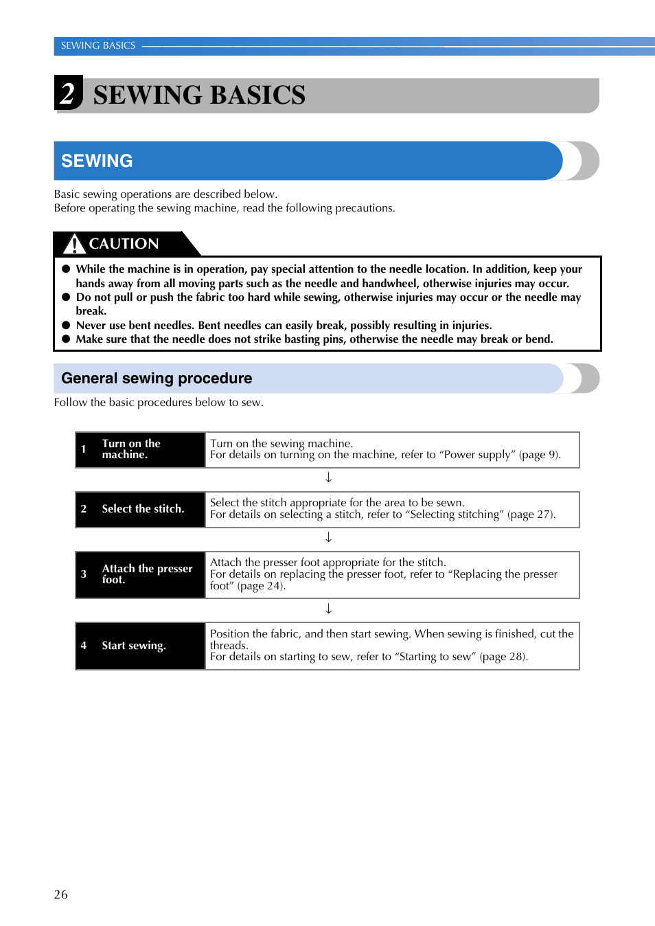 Sewing basics, Sewing, General sewing procedure | Caution | Brother EN 1470 User Manual | Page 28 / 72