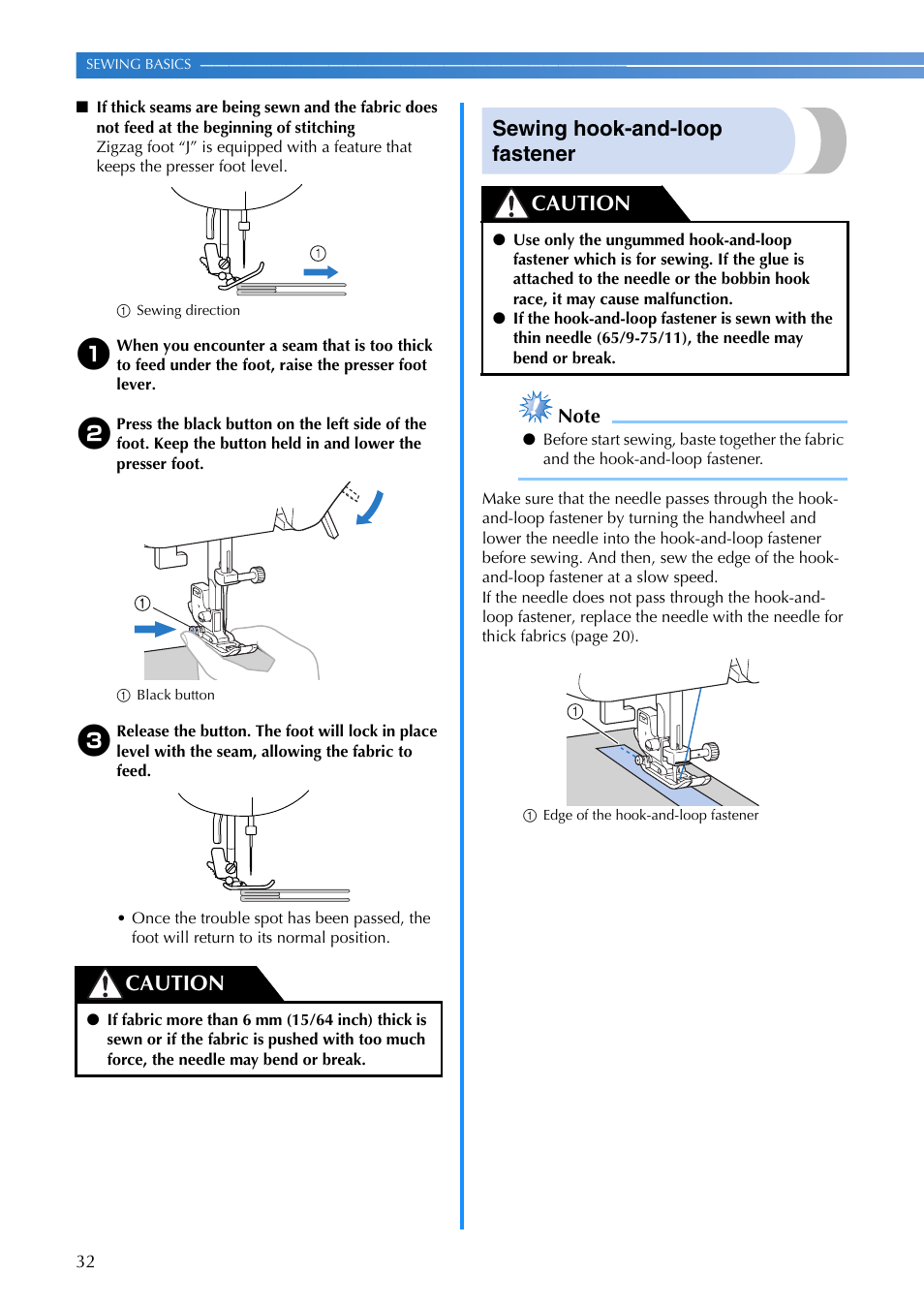 Sewing hook-and-loop fastener, Caution | Brother EN 1470 User Manual | Page 34 / 72
