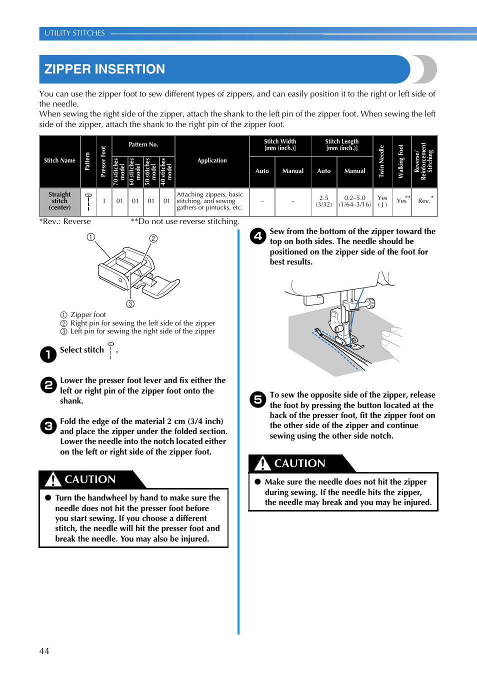 Zipper insertion, Caution | Brother EN 1470 User Manual | Page 46 / 72