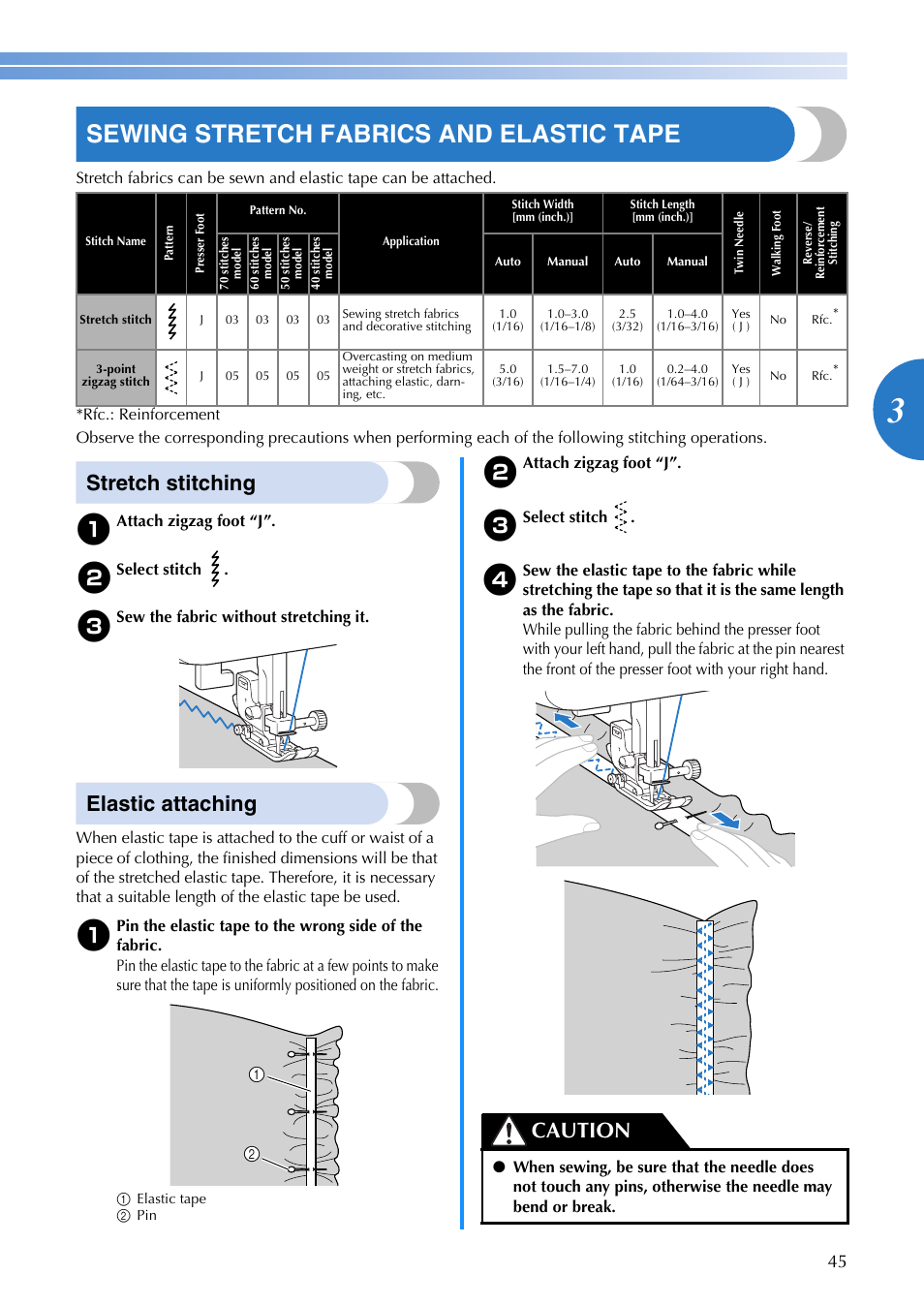 Sewing stretch fabrics and elastic tape, Stretch stitching, Elastic attaching | Caution | Brother EN 1470 User Manual | Page 47 / 72