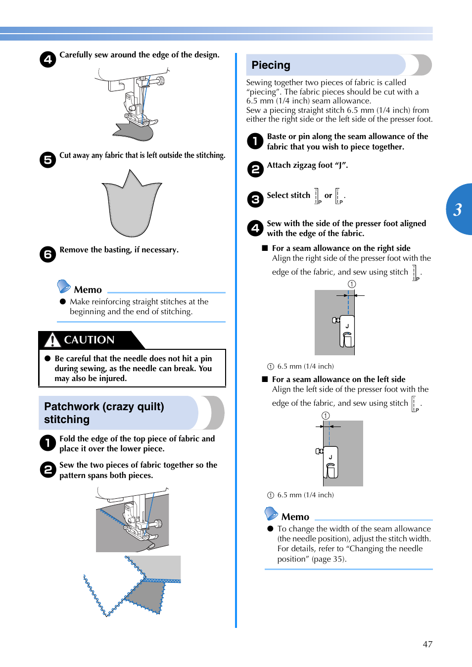 Patchwork (crazy quilt) stitching, Piecing, Caution | Brother EN 1470 User Manual | Page 49 / 72