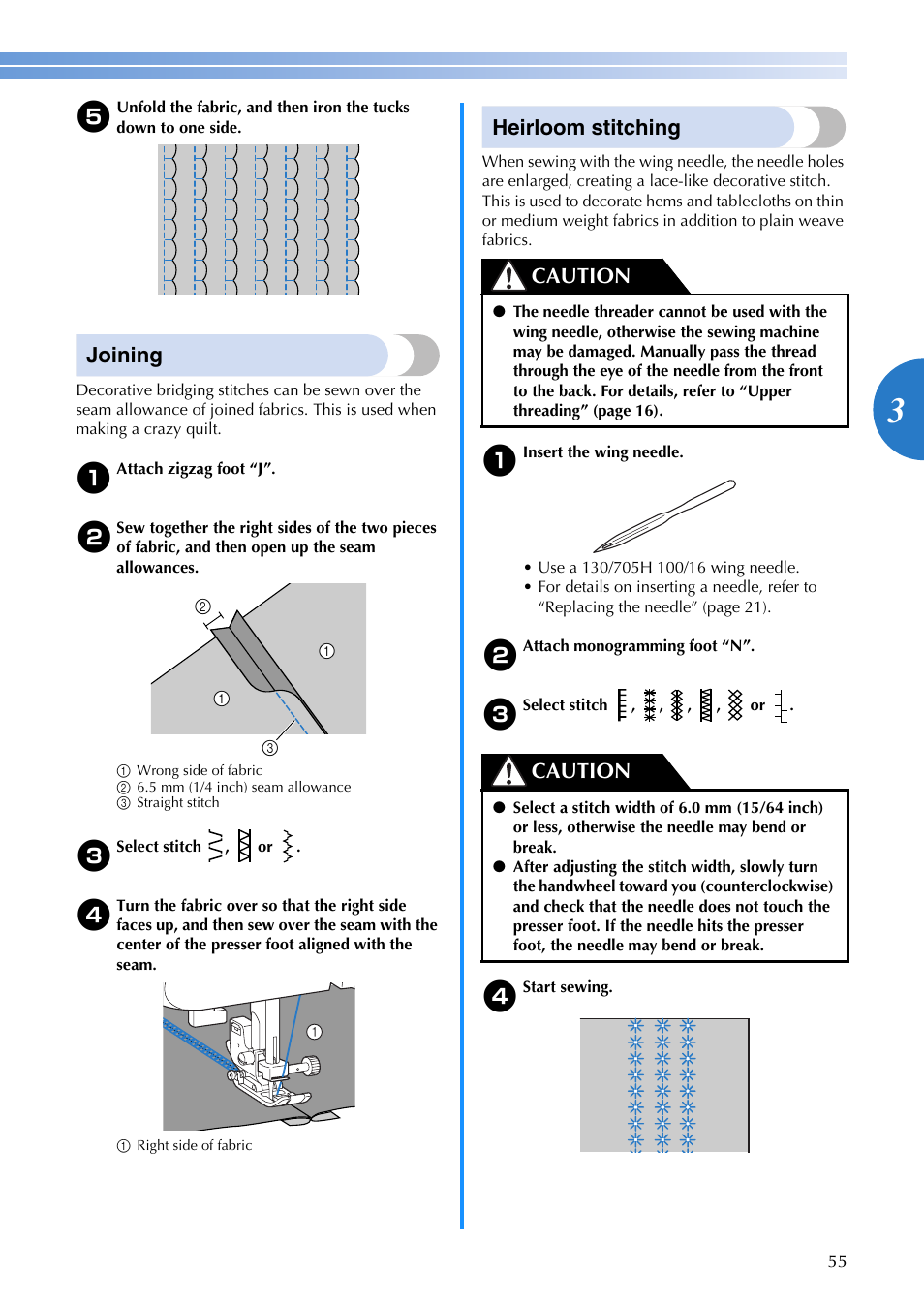 Joining, Heirloom stitching, Caution | Brother EN 1470 User Manual | Page 57 / 72