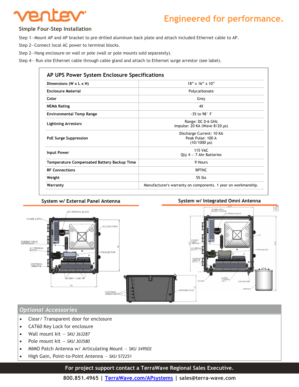 Engineered for performance, Optional accessories, Simple four-step installation | Ap ups power system enclosure specifications | TerraWave VA09-48-055-AP09 User Manual | Page 2 / 2