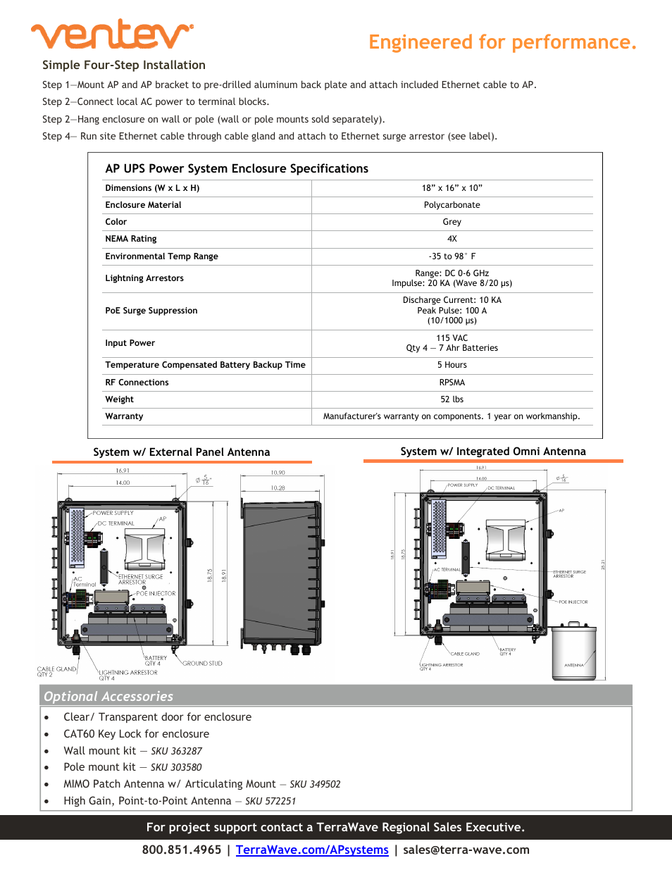 Engineered for performance, Optional accessories, Simple four-step installation | Ap ups power system enclosure specifications | TerraWave VA09-12-055-AP33 User Manual | Page 2 / 2