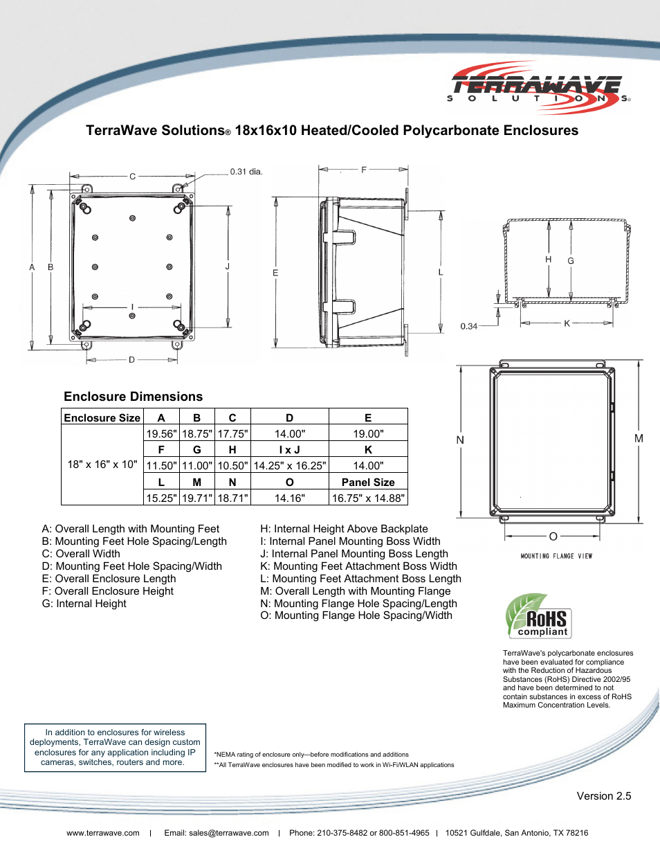 Terrawave solutions, Enclosure dimensions | TerraWave V181610C60O2H User Manual | Page 2 / 2