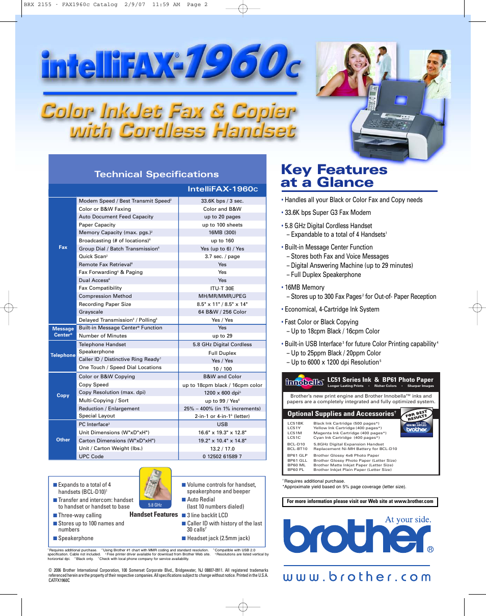 Key features at a glance, Technical specifications, Intellifax-1960 | For future color printing capability | Brother IntelliFAX 1960C User Manual | Page 2 / 2