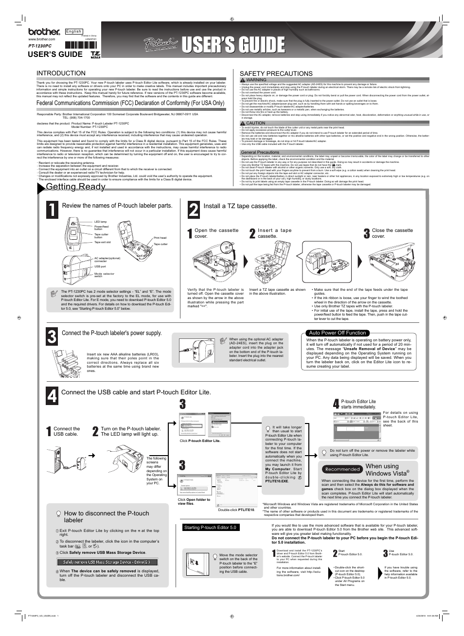 Brother P-TOUCH LABELER PT-1230PC User Manual | 2 pages