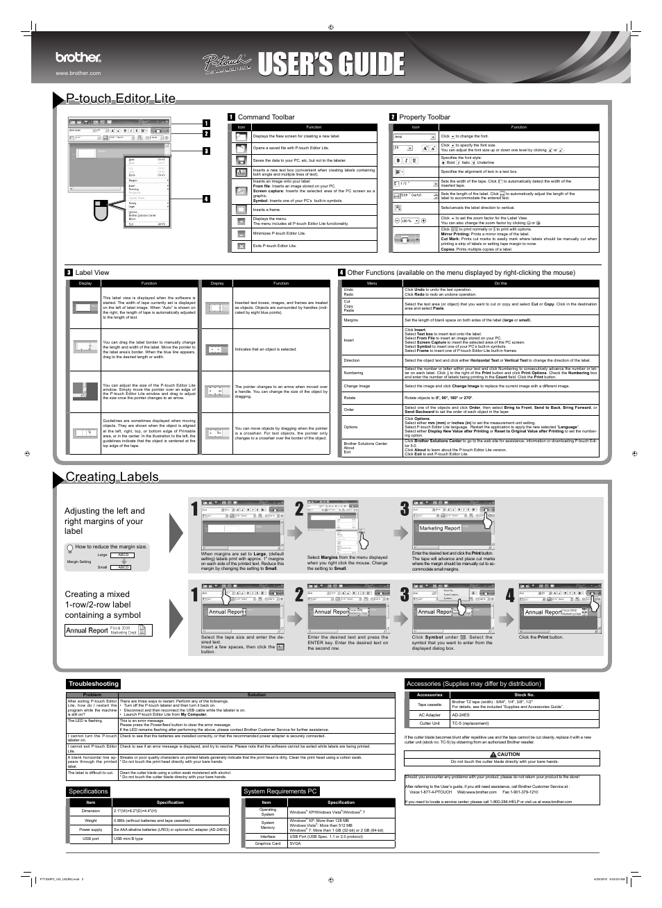 User’s guide, Creating labels, P-touch editor lite | Command toolbar property toolbar | Brother P-TOUCH LABELER PT-1230PC User Manual | Page 2 / 2