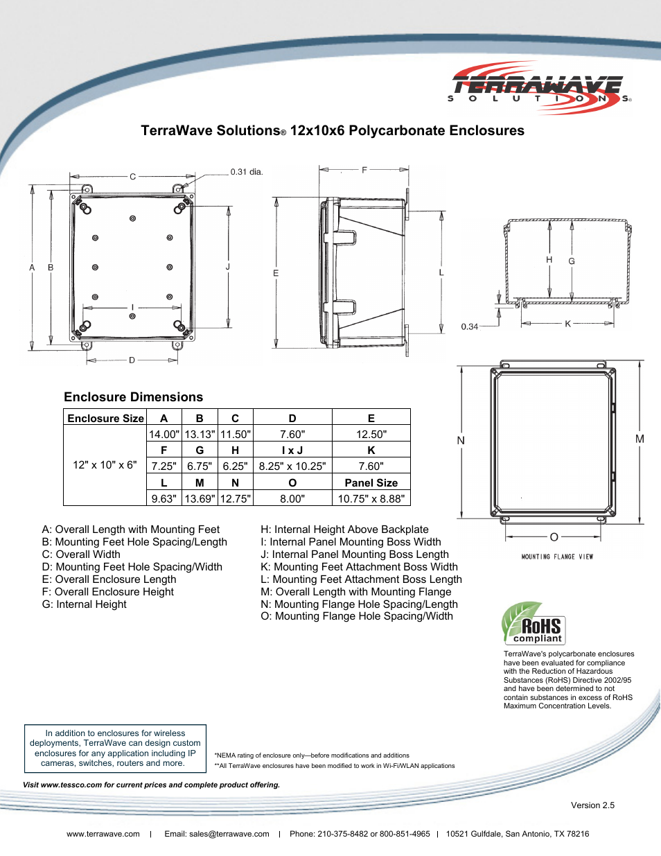 Terrawave solutions, Enclosure dimensions | TerraWave V12106-C60-V-6 User Manual | Page 2 / 2