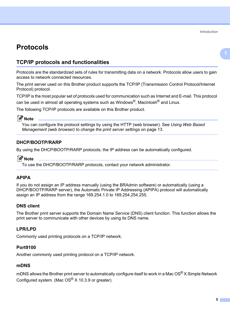Protocols, Tcp/ip protocols and functionalities, Dhcp/bootp/rarp | Apipa, Dns client, Lpr/lpd, Port9100, Mdns | Brother ETHERNET QL-580N User Manual | Page 10 / 42