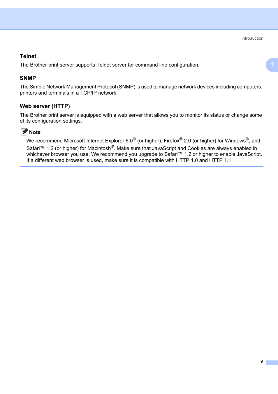 Telnet, Snmp, Web server (http) | Brother ETHERNET QL-580N User Manual | Page 11 / 42