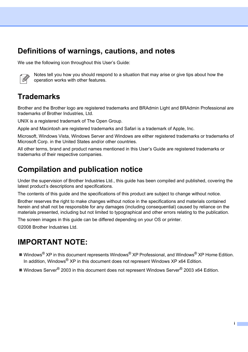 Definitions of warnings, cautions, and notes, Trademarks, Compilation and publication notice | Important note | Brother ETHERNET QL-580N User Manual | Page 2 / 42