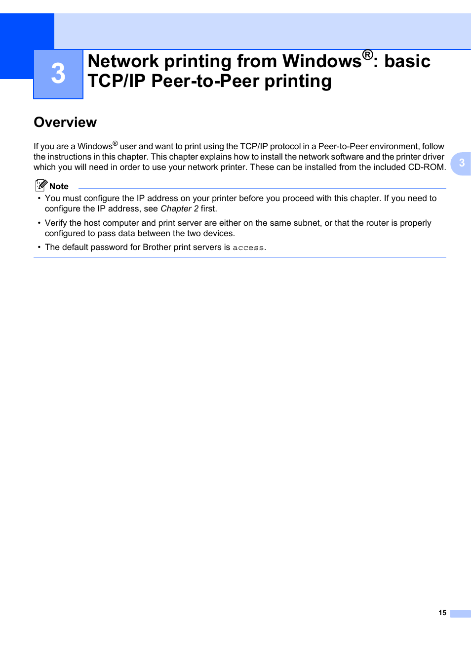 Overview, Network printing from windows, Basic tcp/ip peer-to-peer printing | Brother ETHERNET QL-580N User Manual | Page 20 / 42