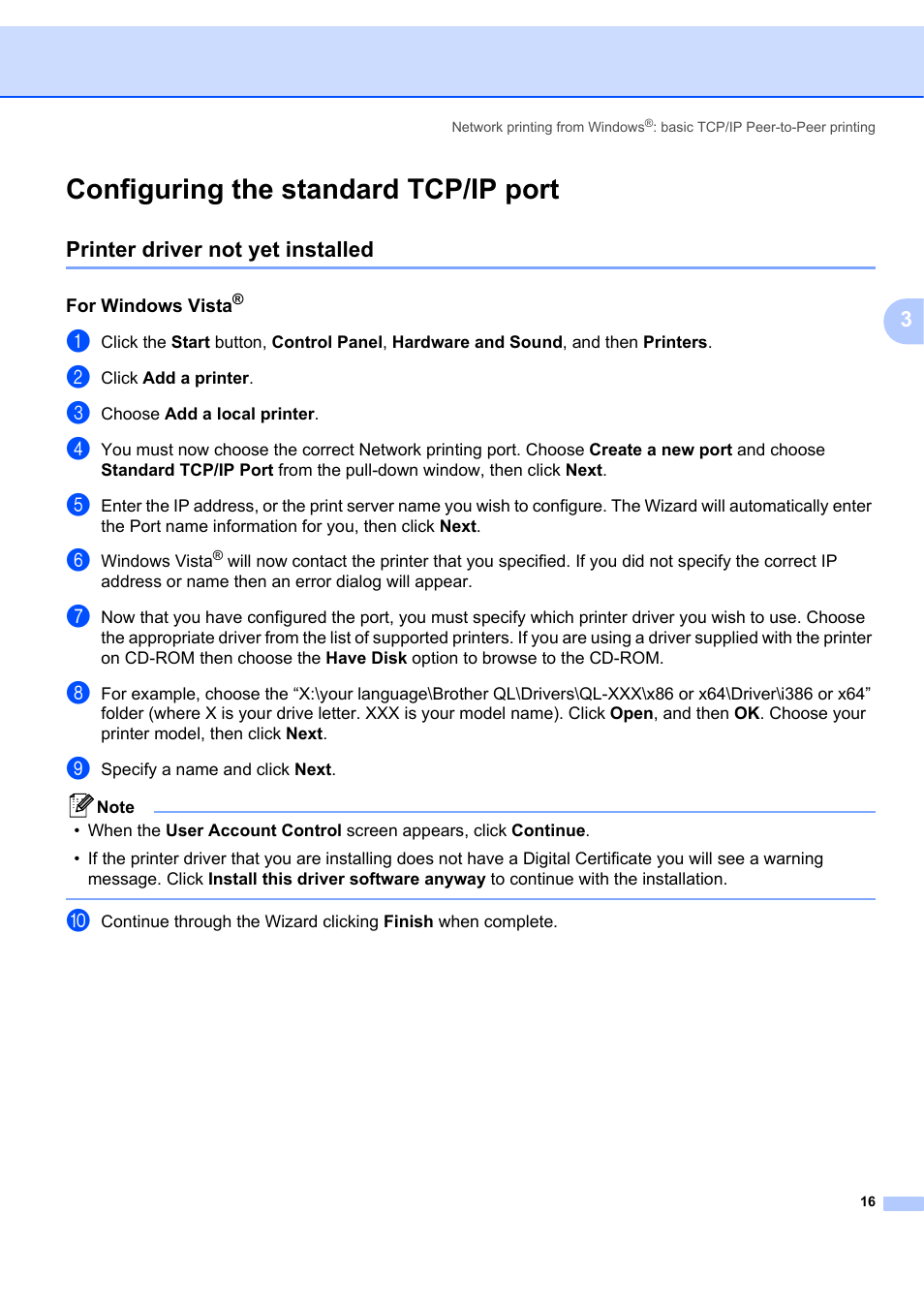 Configuring the standard tcp/ip port, Printer driver not yet installed, For windows vista | Brother ETHERNET QL-580N User Manual | Page 21 / 42