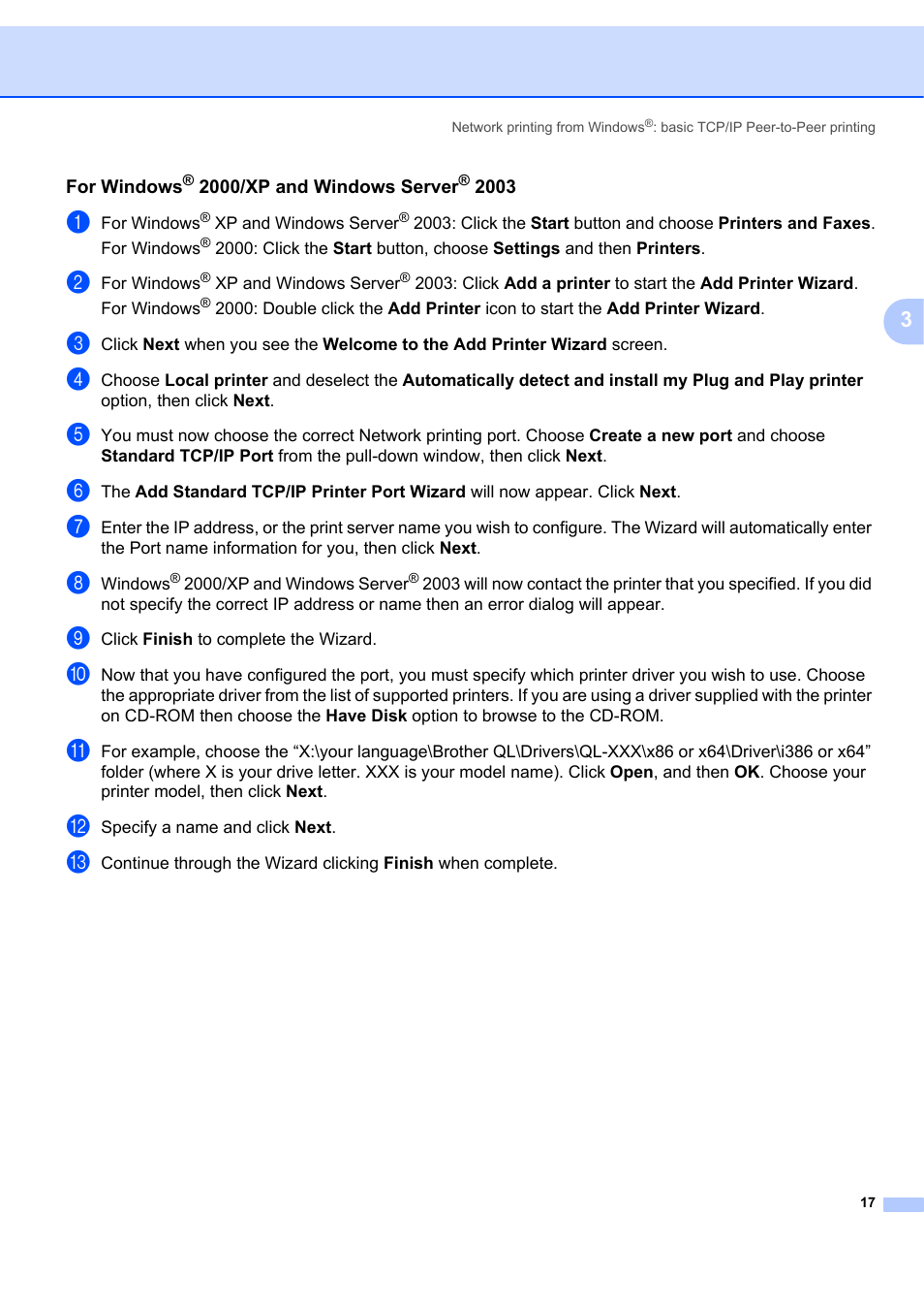 For windows® 2000/xp and windows server® 2003 | Brother ETHERNET QL-580N User Manual | Page 22 / 42