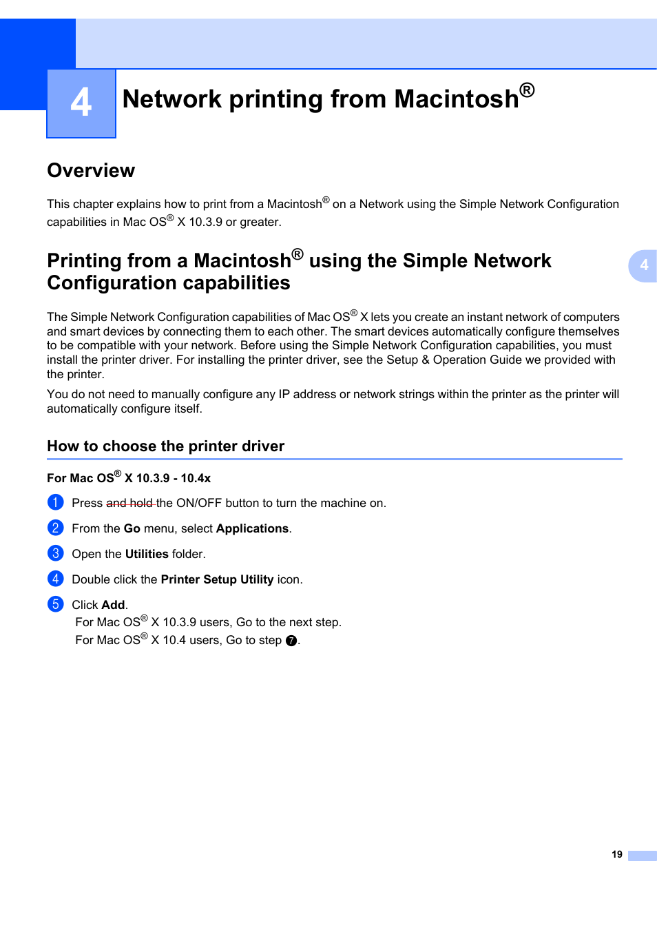 Network printing from macintosh, Overview, How to choose the printer driver | Overview printing from a macintosh, Printing from a macintosh | Brother ETHERNET QL-580N User Manual | Page 24 / 42