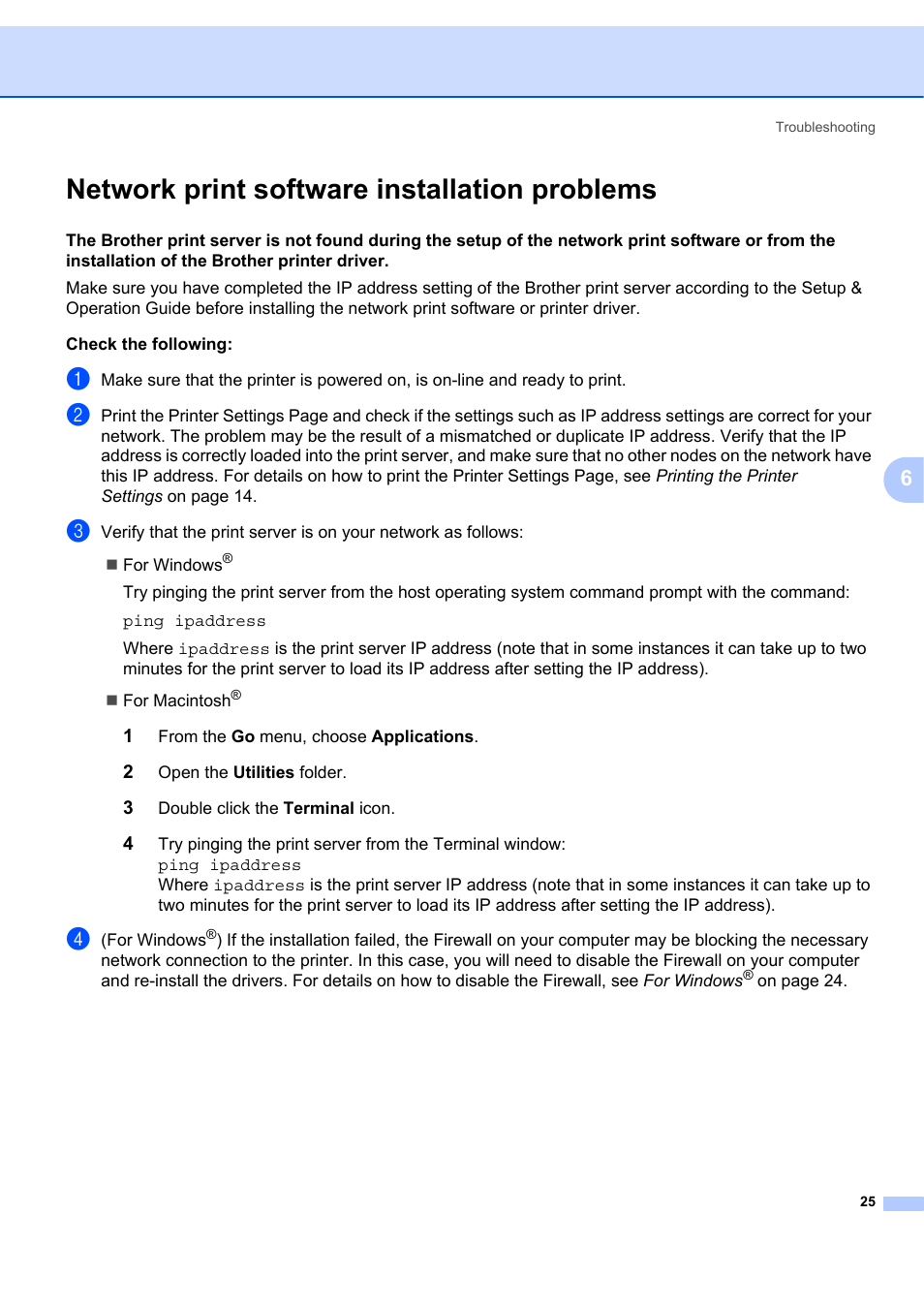 Network print software installation problems | Brother ETHERNET QL-580N User Manual | Page 30 / 42