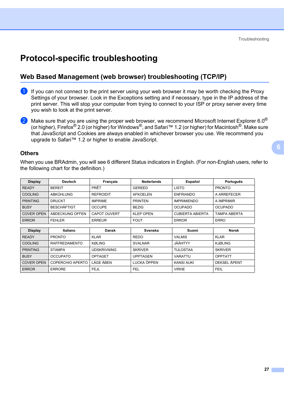 Protocol-specific troubleshooting, Others, Or higher), firefox | 0 (or higher) for windows, And safari™ 1.2 (or higher) for macintosh | Brother ETHERNET QL-580N User Manual | Page 32 / 42