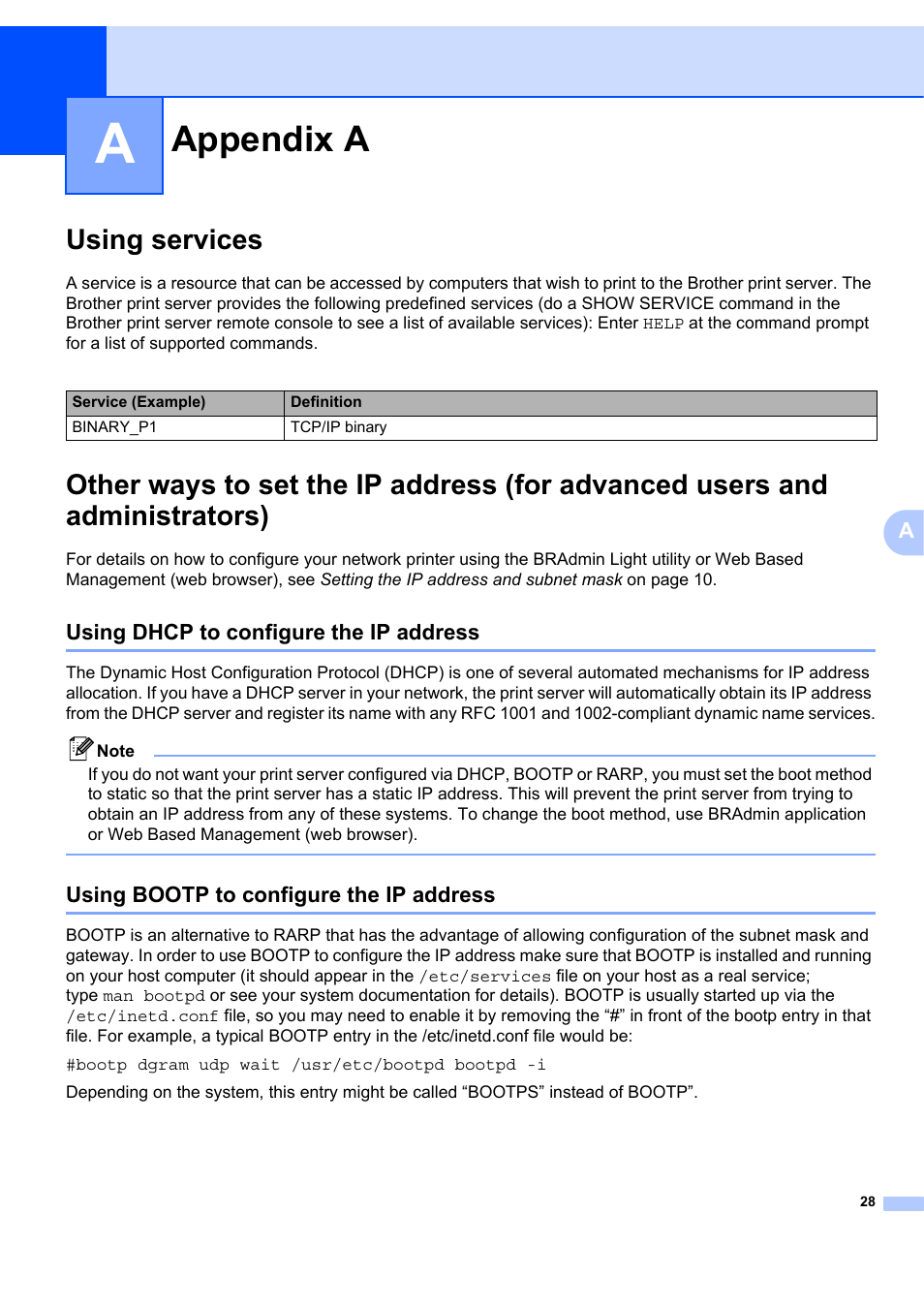 Appendix a, Using services, Using dhcp to configure the ip address | Using bootp to configure the ip address | Brother ETHERNET QL-580N User Manual | Page 33 / 42