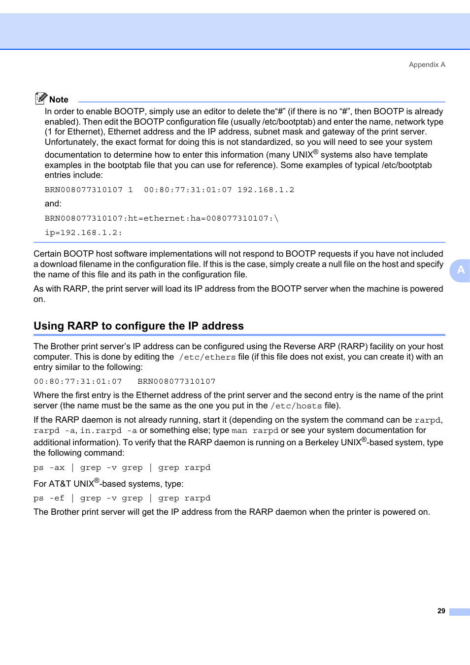 Using rarp to configure the ip address | Brother ETHERNET QL-580N User Manual | Page 34 / 42