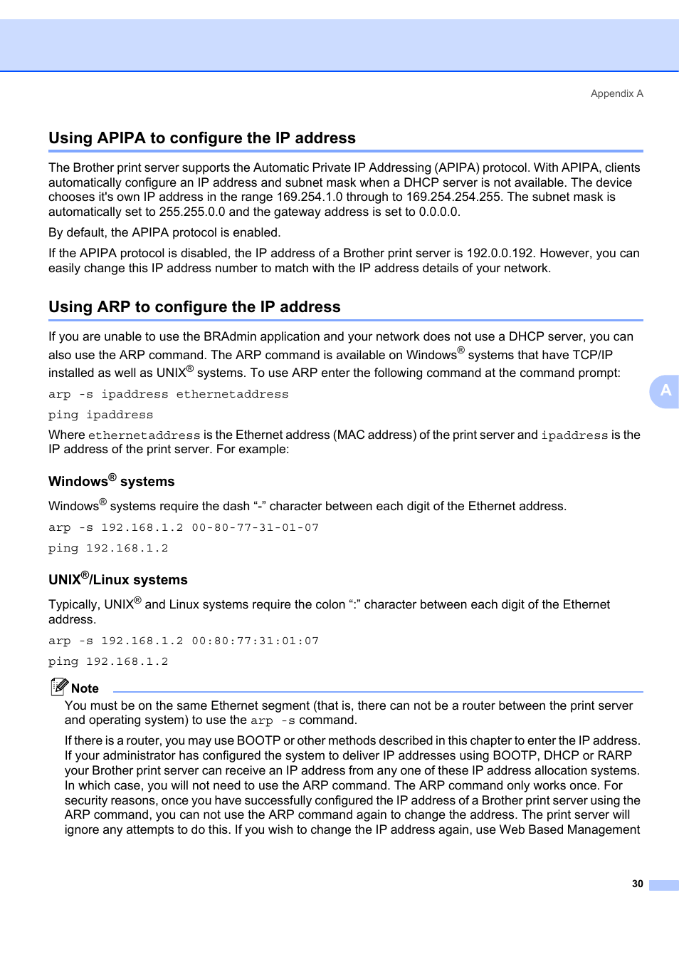 Using apipa to configure the ip address, Using arp to configure the ip address, Windows® systems | Unix®/linux systems, Ausing apipa to configure the ip address | Brother ETHERNET QL-580N User Manual | Page 35 / 42