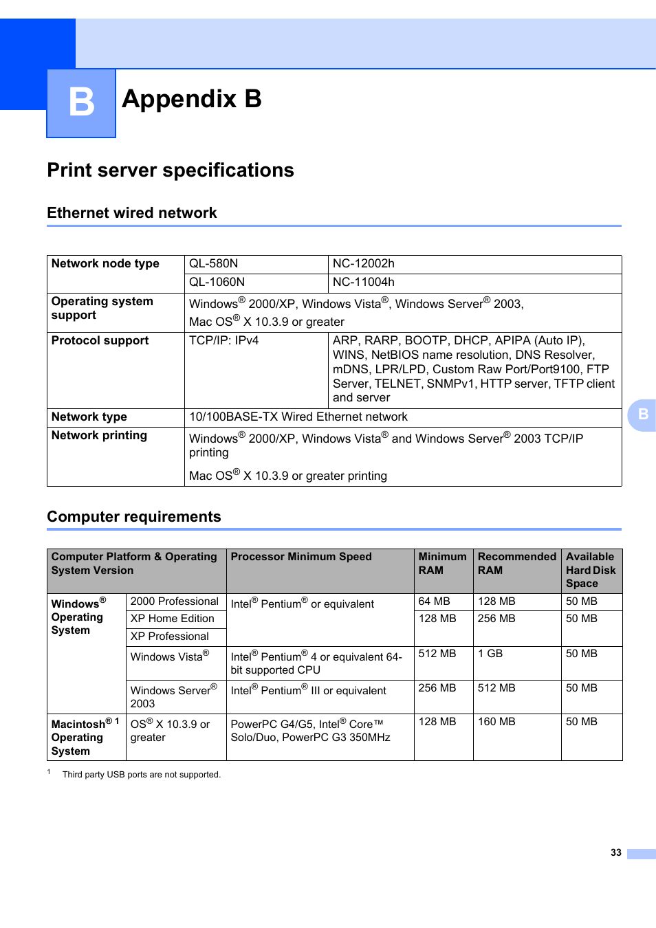 Appendix b, Print server specifications, Ethernet wired network | Computer requirements, Ethernet wired network computer requirements | Brother ETHERNET QL-580N User Manual | Page 38 / 42