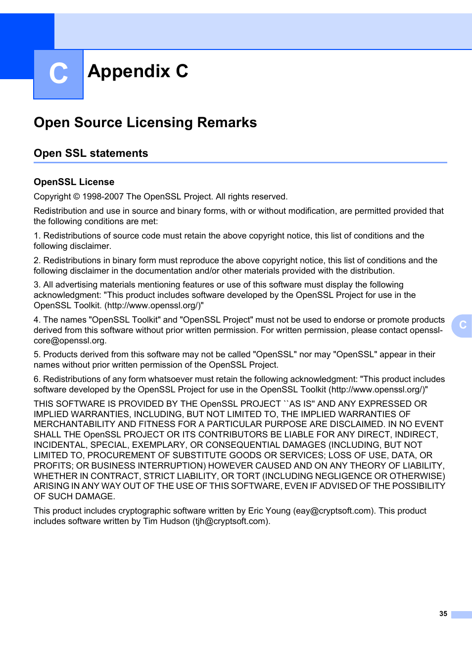 Appendix c, Open source licensing remarks, Open ssl statements | Openssl license | Brother ETHERNET QL-580N User Manual | Page 40 / 42