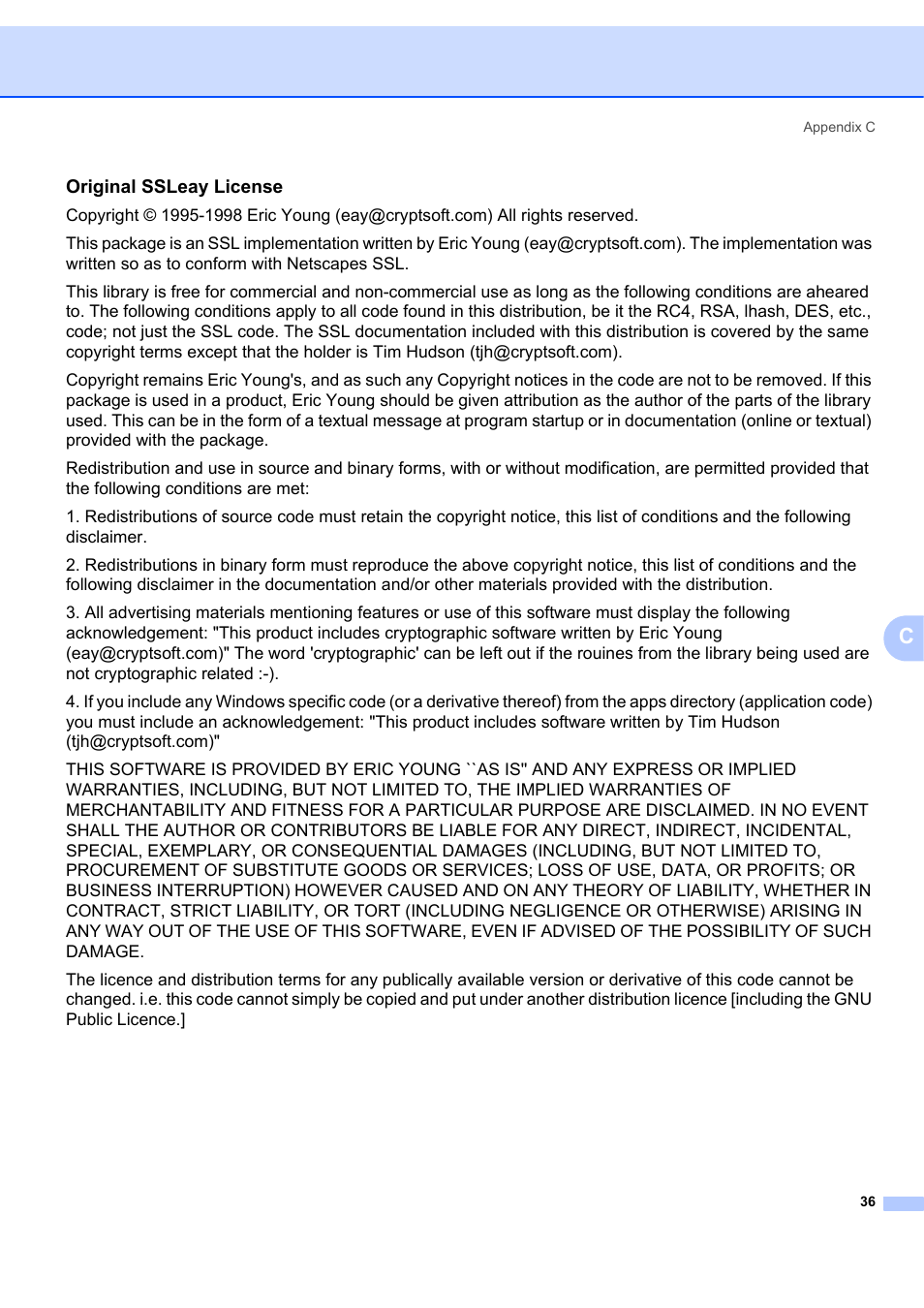 Original ssleay license | Brother ETHERNET QL-580N User Manual | Page 41 / 42